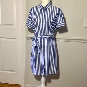 Dress The Loft Sz Large Button Blue White Stripe Short Sleeve